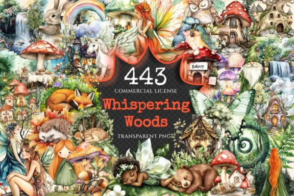 Whispering Woods Watercolor Clipart Bundle - 440+ transparent PNG, Mystical forest graphics, Enchanted art, Commercial use, Digital download
