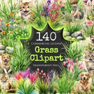 Grass Watercolor Clipart Bundle - 135+ transparent PNG, Botanical grass illustrations, Spring greenery art, Commercial use, Digital download