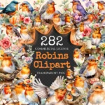 Robins Watercolor Clipart Bundle - 280+ transparent PNG, Delightful bird graphics, Adorable robin images, Commercial use, Digital download