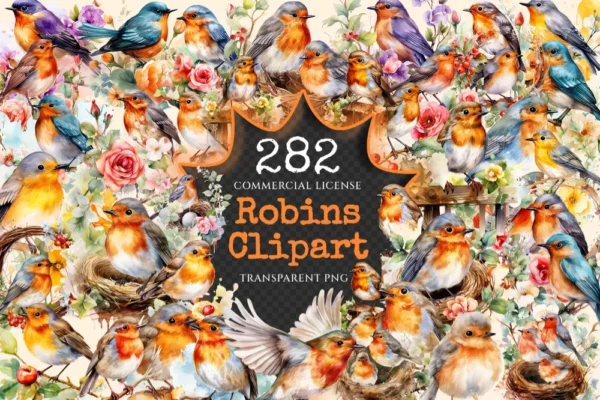 Robins Watercolor Clipart Bundle - 280+ transparent PNG, Delightful bird graphics, Adorable robin images, Commercial use, Digital download