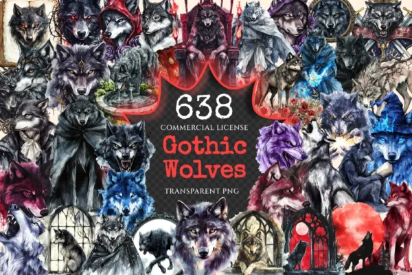 Gothic Wolves Watercolor Clipart Bundle - 630+ transparent PNG, Enigmatic lycan graphics, Shadowy wolf art, Commercial use, Digital download