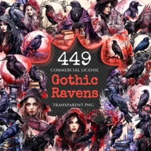 Gothic Ravens Watercolor Clipart Bundle - 445+ transparent PNG, Mystic raven graphics, Enigmatic witch bird, Commercial use,Digital download