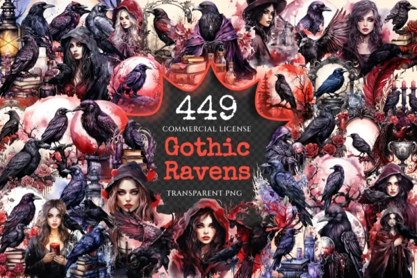 Gothic Ravens Watercolor Clipart Bundle - 445+ transparent PNG, Mystic raven graphics, Enigmatic witch bird, Commercial use,Digital download