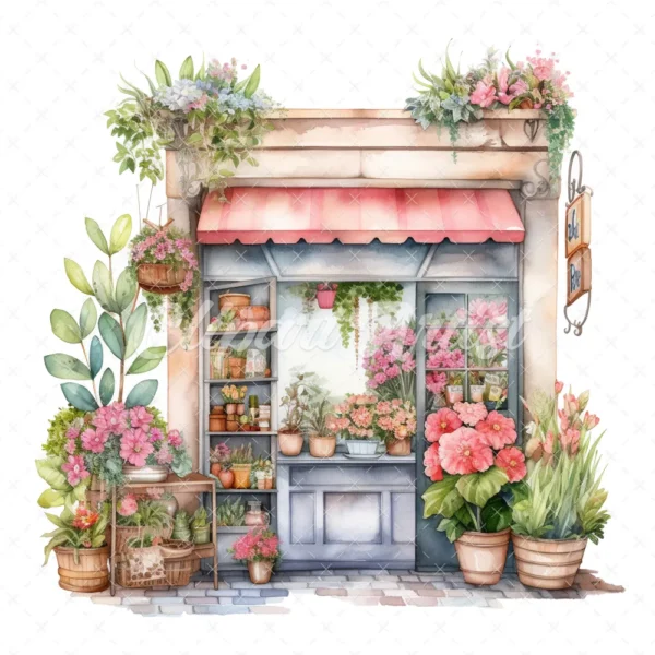 20 High-Quality Floral Storefronts Clipart - Storefronts digital watercolor JPG instant download for commercial use - Digital download