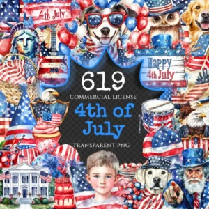 4th of July Watercolor Clipart Bundle - 615+ transparent PNG, American celebration graphics, Patriotic png, Commercial use, Digital download