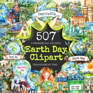 Earth Day Watercolor Clipart Bundle - 503+ transparent PNG, Eco-Friendly graphics, Planet care png images, Commercial use, Digital download