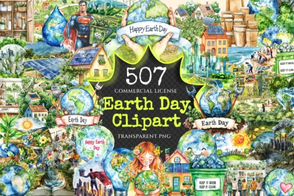 Earth Day Watercolor Clipart Bundle - 503+ transparent PNG, Eco-Friendly graphics, Planet care png images, Commercial use, Digital download