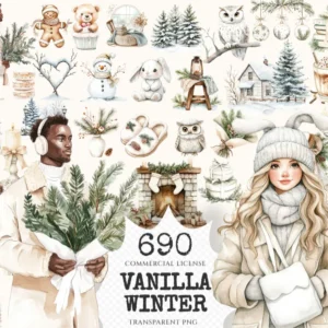 Vanilla Winter Watercolor Clipart Set - 685+ transparent PNG, Cozy cottagecore png, Rustic winter images, Commercial use, Digital download