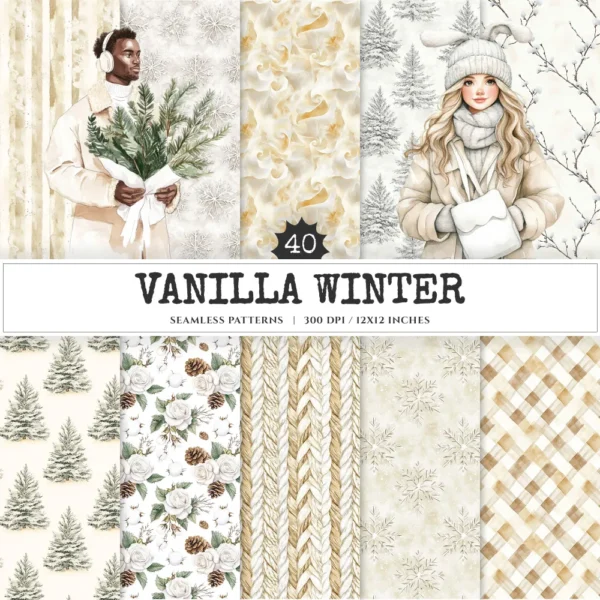 Vanilla Winter Seamless Patterns, Winter cozy JPEG, Cozy cottagecore pattern, Rustic winter repeating pattern, Digital scrapbook paper