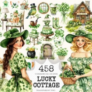 Lucky Cottage Watercolor Clipart Set - 455+ transparent PNG, St. patrick’s day graphics, Green celtic art, Commercial use, Digital download