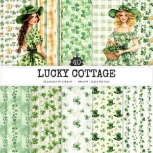 Lucky Cottage Seamless Patterns, Shamrock floral JPEG, Green celtic pattern, St. patrick’s day repeating pattern, Digital scrapbook paper