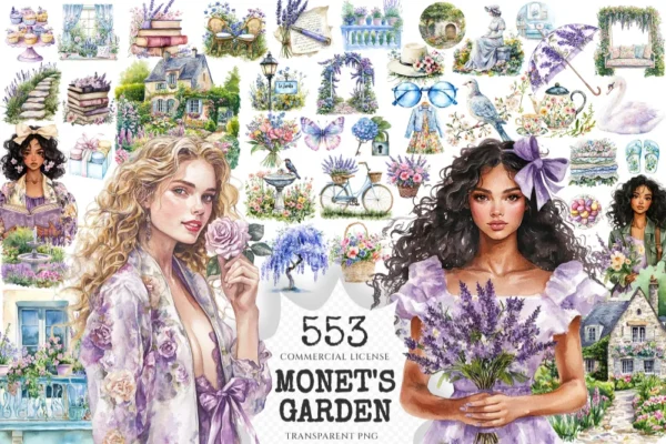 Monet's Garden Watercolor Clipart Set - 550+ transparent PNG, Spring garden graphics, Romantic florals art, Commercial use, Digital download