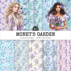 Monet's Garden Seamless Patterns, Romantic floral JPEG, Romantic purple pattern, Cute springtime repeating pattern, Digital scrapbook paper