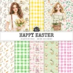 Happy Easter Seamless Patterns, Cozy floral easter JPEG, Checkered plaid pattern, Easter bunnies repeating pattern, Digital scrapbook paper