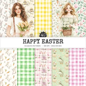 Happy Easter Seamless Patterns, Cozy floral easter JPEG, Checkered plaid pattern, Easter bunnies repeating pattern, Digital scrapbook paper