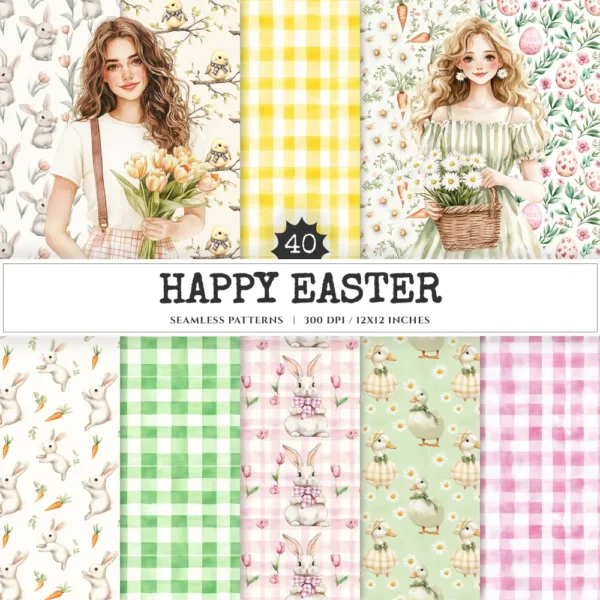 Happy Easter Seamless Patterns, Cozy floral easter JPEG, Checkered plaid pattern, Easter bunnies repeating pattern, Digital scrapbook paper