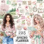 Spring Planner Watercolor Clipart Set - 290+ transparent PNG, Planner girl illustrations, Bookish images, Commercial use, Digital download