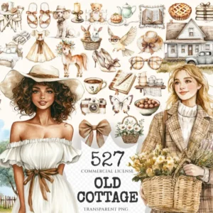 Old Cottage Watercolor Clipart Set - 523+ transparent PNG, Cozy cottage graphics, Rustic aesthetic png, Commercial use, Digital download