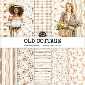 Old Cottage Seamless Patterns, Cottage flowers JPEG, Cottagecore seamless pattern, Floral rustic repeating pattern, Digital scrapbook paper