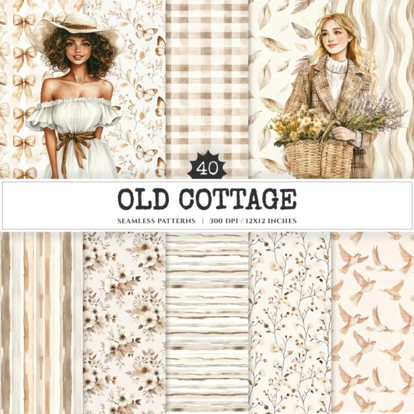 Old Cottage Seamless Patterns, Cottage flowers JPEG, Cottagecore seamless pattern, Floral rustic repeating pattern, Digital scrapbook paper