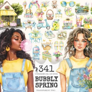 Bubbly Spring Watercolor Clipart Set - 340+ transparent PNG, Sweet summer graphics, Fun lollipop designs, Commercial use, Digital download