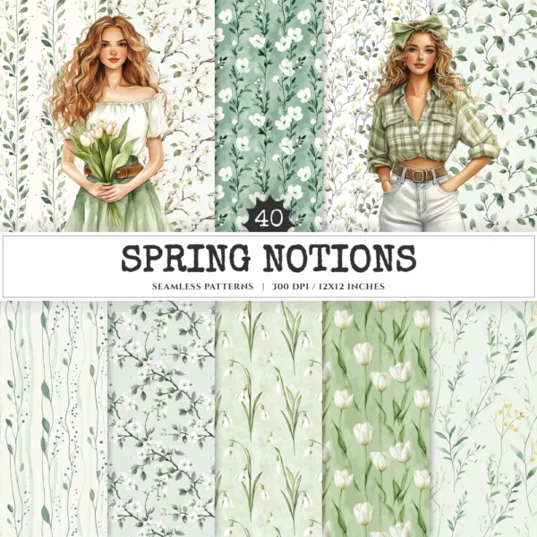 Spring Notions Seamless Patterns, Floral season JPEG, Cute springtime pattern, Meadow flowers repeating pattern, Digital scrapbook paper