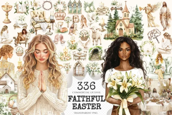 Faithful Easter Watercolor Clipart Set - 330+ transparent PNG, He is risen illustrations, Jesus graphics, Commercial use, Digital download