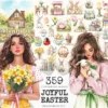 Joyful Easter Watercolor Clipart Set - 355+ transparent PNG, Spring bunnies eggs graphics, Easter joy art, Commercial use, Digital download