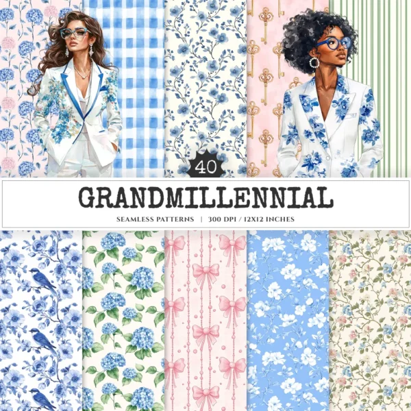 Grandmillennial Seamless Patterns, Chinoiserie JPEG, Pastel floral pattern, Stripes and plaid repeating pattern, Digital scrapbook paper