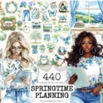 Springtime Planning Watercolor Clipart Set - 435+ transparent PNG, Spring reading graphics, Book lover art, Commercial use, Digital download
