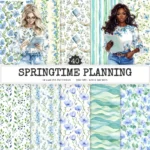 Springtime Planning Seamless Patterns, Cute spring JPEG, Spring reading pattern, Meadow flowers repeating pattern, Digital scrapbook paper