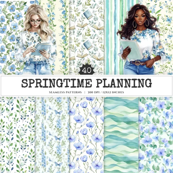 Springtime Planning Seamless Patterns, Cute spring JPEG, Spring reading pattern, Meadow flowers repeating pattern, Digital scrapbook paper