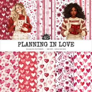 Planning in Love Seamless Patterns, Shabby chic roses JPEG, Heart infinite pattern, Valentine repeating pattern, Digital scrapbook paper