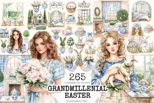 Grandmillenial Easter Watercolor Clipart Set - 260+ transparent PNG, Easter toile graphics, Chinoiserie png, Commercial use,Digital download