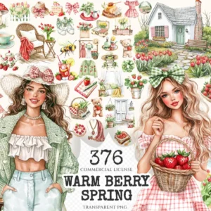 Warm Berry Spring Watercolor Clipart Set - 372+ transparent PNG, Cottage spring graphics, Summer floral png, Commercial use,Digital download
