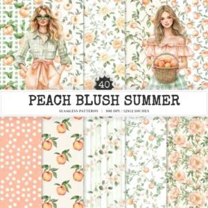 Peach Blush Summer Seamless Patterns, Cottagecore JPEG, Floral summertime pattern, Peony flowers repeating pattern, Digital scrapbook paper