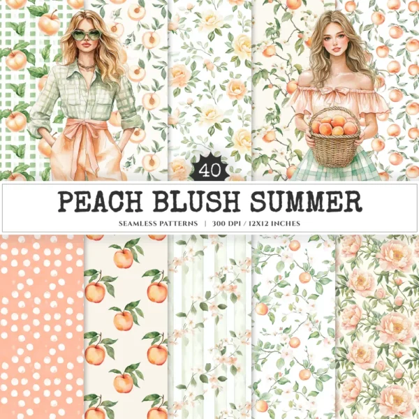 Peach Blush Summer Seamless Patterns, Cottagecore JPEG, Floral summertime pattern, Peony flowers repeating pattern, Digital scrapbook paper