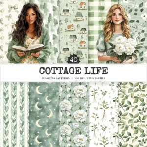Cottage Life Seamless Patterns, Cozy cottagecore JPEG, Summertime pattern, Cottage floral repeating pattern, Digital scrapbook paper
