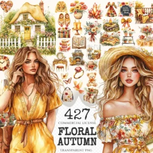 Floral Autumn Watercolor Clipart Set - 425+ transparent PNG, Cozy autumn graphics, Cottagecore fall images, Commercial use, Digital download