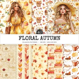Floral Autumn Seamless Patterns, Autumn leaves JPEG, Pumpkins and flowers pattern, wildflowers repeating pattern, Digital scrapbook paper