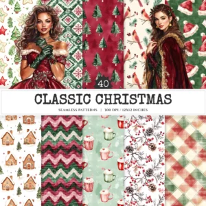 Classic Christmas Seamless Patterns, Cozy holiday JPEG, Pine cones pattern, Festive ornaments repeating pattern, Digital scrapbook paper