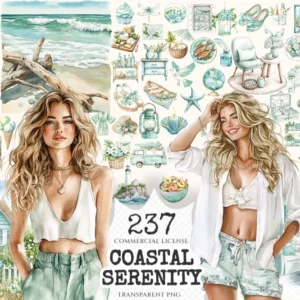 Coastal Serenity Watercolor Clipart Set - 233+ transparent PNG, Sunny beach graphics, Summer seaside art, Commercial use, Digital download
