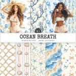 Ocean Breath Seamless Patterns, Summer Beach JPEG, Footprints trail pattern, Coral, Ocean waves repeating pattern, Digital scrapbook paper