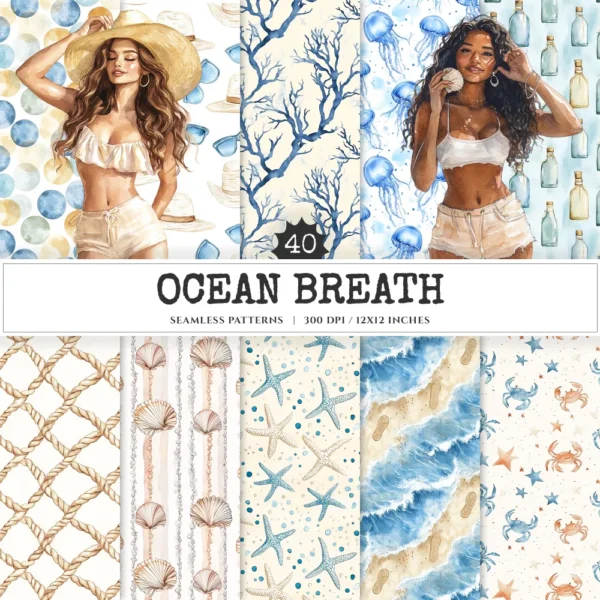 Ocean Breath Seamless Patterns, Summer Beach JPEG, Footprints trail pattern, Coral, Ocean waves repeating pattern, Digital scrapbook paper