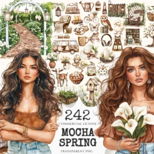 Mocha Spring Watercolor Clipart Set - 240+ transparent PNG, Spring garden graphics, Summertime cottage png, Commercial use, Digital download
