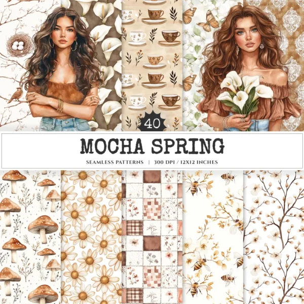 Mocha Spring Seamless Patterns, Cottage spring JPEG, Calla lily pattern, Mushroom, Spring flowers repeating pattern, Digital scrapbook paper