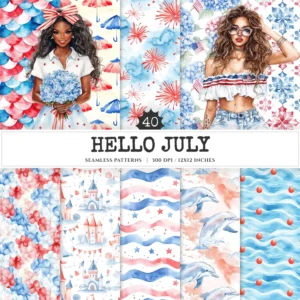 Hello July Seamless Patterns, Independence day JPEG, 4th of july infinite pattern, Patriotic repeating pattern, Digital scrapbook paper
