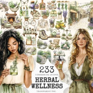 Herbal Wellness Watercolor Clipart Set - 230+ transparent PNG, Lavender apothecary graphics, Springtime art, Commercial use,Digital download