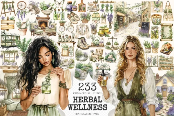 Herbal Wellness Watercolor Clipart Set - 230+ transparent PNG, Lavender apothecary graphics, Springtime art, Commercial use,Digital download