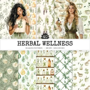 Herbal Wellness Seamless Patterns, Herbal meadow JPEG, Flora and herbs pattern, Botanical garden repeating pattern, Digital scrapbook paper